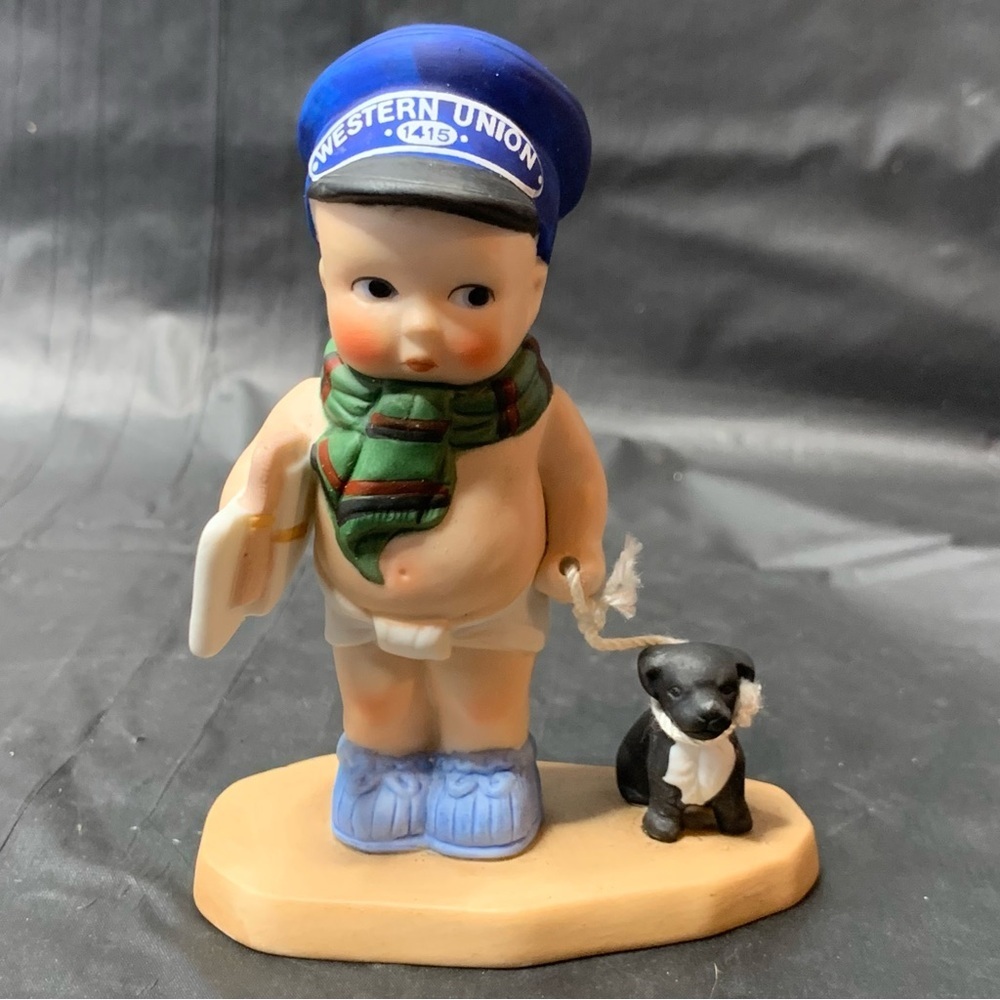 The Heirloom Tradition New Year’s Greetings figurine Mailman baby and puppy Vntg